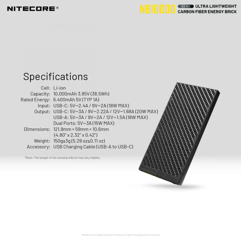 Tragbare Powerbank Nitecore NB10000 — 10000 mAh, USB‑A + USB‑C, 38 W Gesamtausgang, grau
