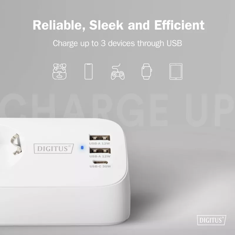 Mehrfachsteckdose DIGITUS 3-fach mit 2×USB-A und 1×USB-C, 3 AC-Steckdosen Typ E/F, 1,5 m Kabel, weiß