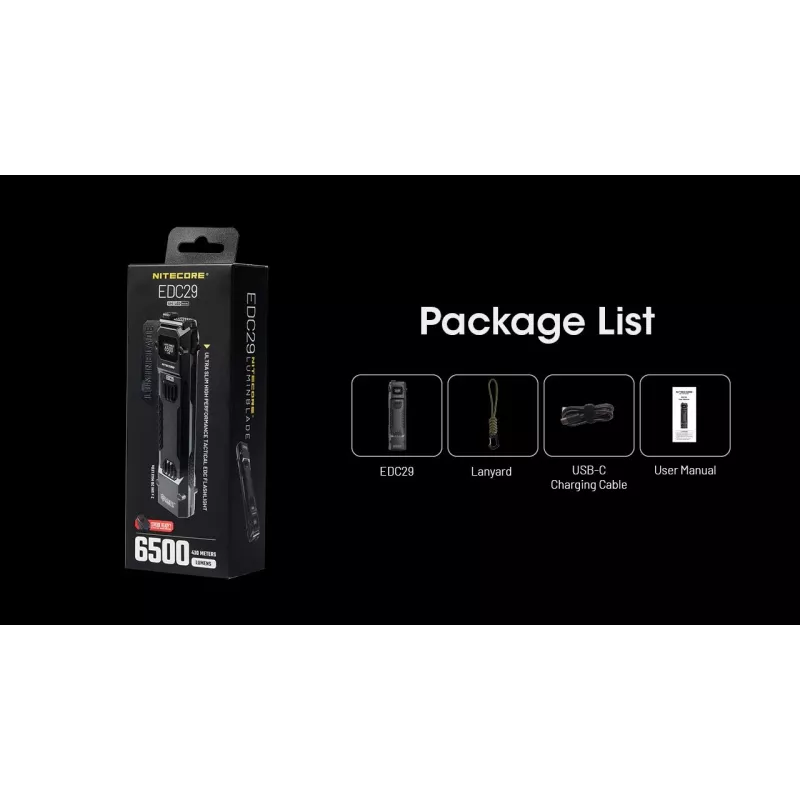 Handleuchte Nitecore EDC29 Edelstahlgehäuse, 2 LEDs, 15–6500 lm, IP54, USB wiederaufladbar