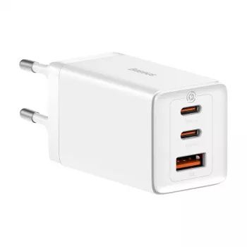 Wandladegerät Baseus GaN5 Pro 65W — USB + 2×USB-C (QC3.0, PD3.0) mit 1m USB-C-Kabel, weiß