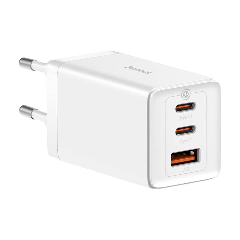 Wandladegerät Baseus GaN5 Pro 65W — USB + 2×USB-C (QC3.0, PD3.0) mit 1m USB-C-Kabel, weiß