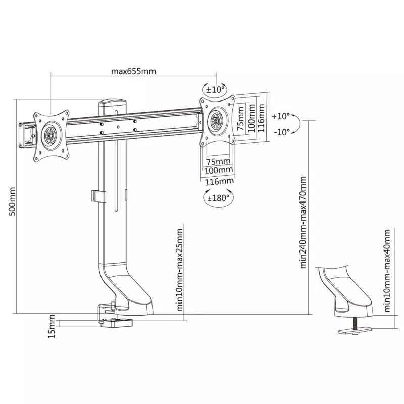 Monitorhalterung MACLEAN MC-854 für zwei Monitore 17–27 Zoll VESA 75x75 / 100x100, Doppelarm-Tischhalterung