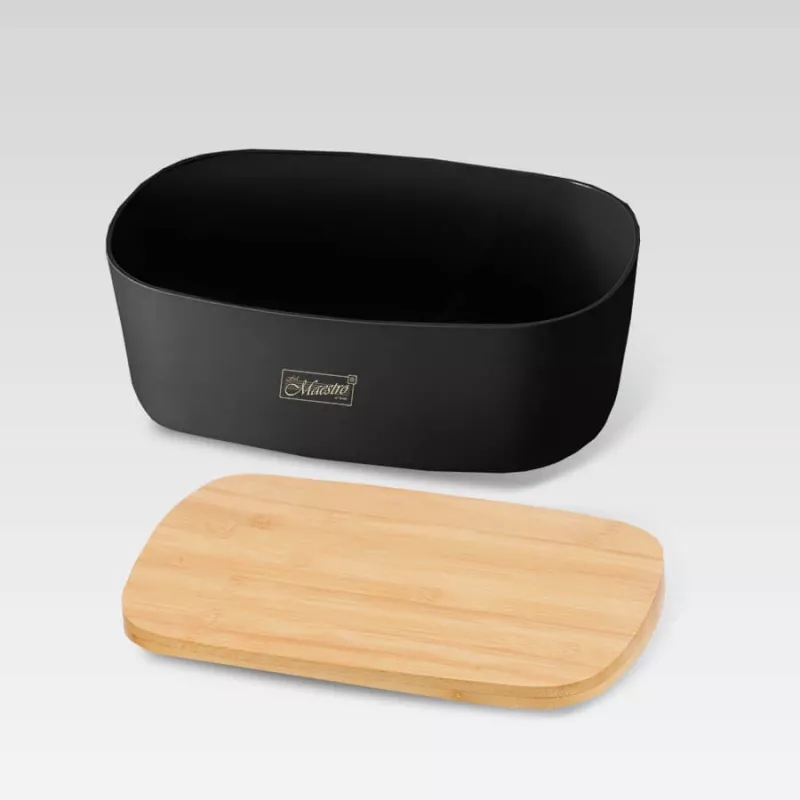 Brotkasten Maestro MR-1776-Schwarz für die Arbeitsplatte, Kunststoffgehäuse mit Holzdeckel, 345×235×130 mm