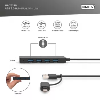USB Hub, Digitus, DA-70235, 4-Port, USB 3.2 Gen 1, Type-A und Type-C, 12000 Mbit/s