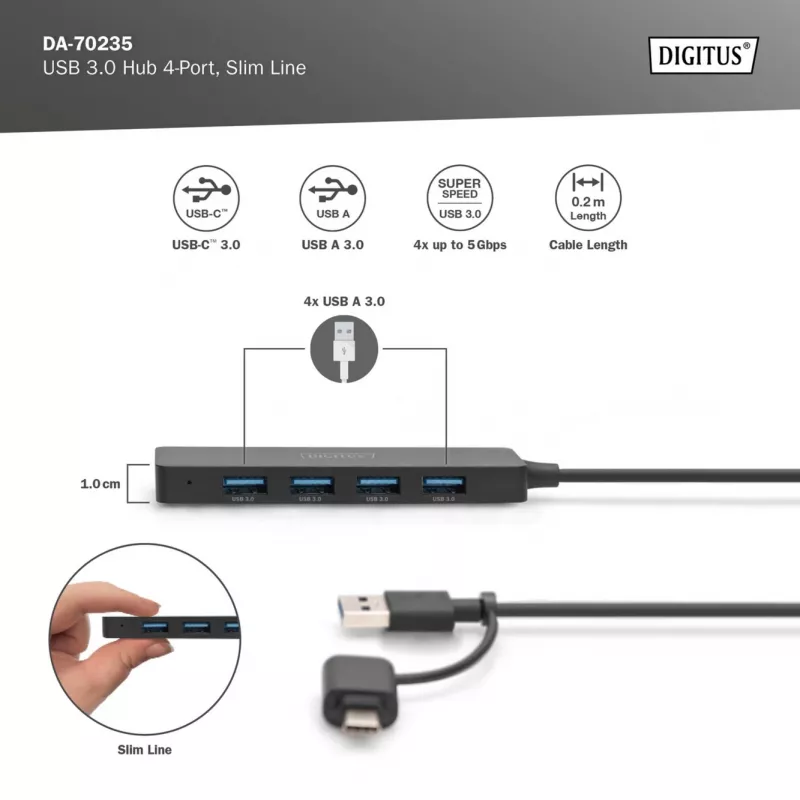 USB Hub, Digitus, DA-70235, 4-Port, USB 3.2 Gen 1, Type-A und Type-C, 12000 Mbit/s