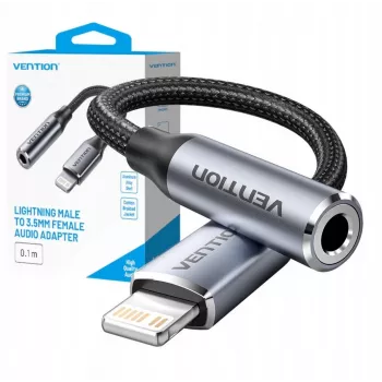 Audio-Adapter Vention Lightning auf 3,5 mm BMBHA, Lightning auf 3,5 mm kabelgebundener Adapter mit 0,1 m Kabel, grau