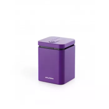 Verdampfender Aromadiffusor Stylies ELARAPURPLE für Räume bis 25 m² — lila, rechteckig, Netz-/Batterie-/USB-Betrieb, Duftkartusche, 2-Stunden-Timer, 74×74×100 mm, 1,3 W