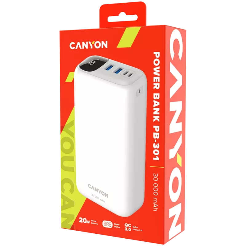 CANYON Powerbank PB-301 LED 30000 mAh PD 20W QC 3.0 Weiß