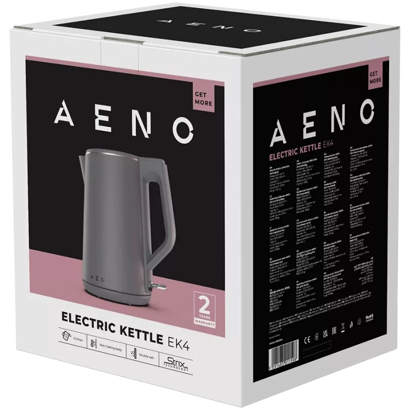 AENO Wasserkocher EK4: 1850-2200W, 1,5L, Strix, Doppelwandig, Kühle Außenhülle, Automatische Abschaltung, Trockengehschutz