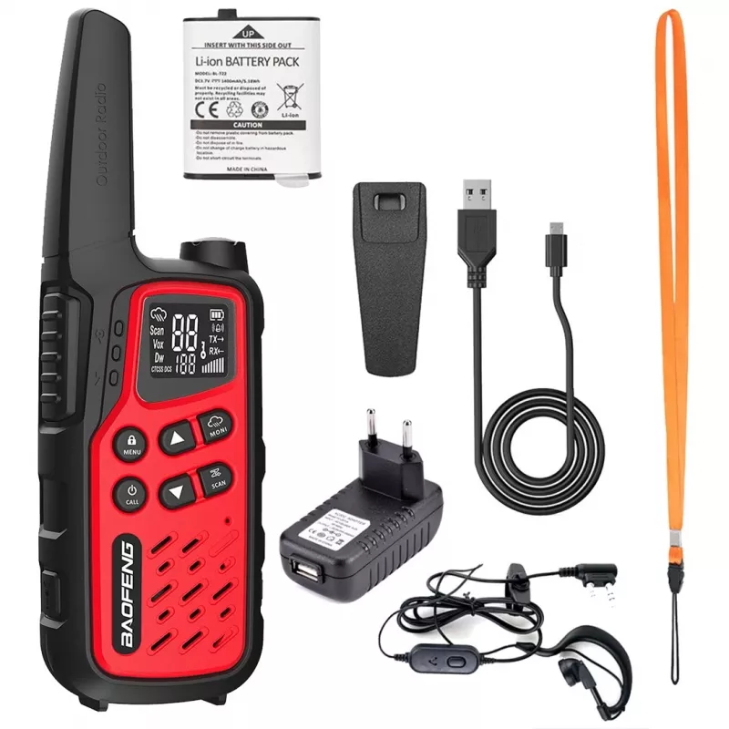 Tragbares Walkie-Talkie Baofeng BF-T25E — 16 Kanäle, 0,5 W, Li-Ion 1400 mAh, 2er-Set (rot)
