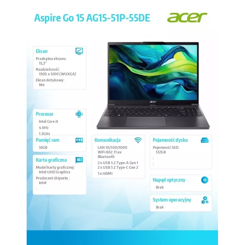 Notebook Aspire Go 15 AG15-51P-55DE i5-1334U 15.3 WUXGA, 16GB, 512GB SSD, NoOS
