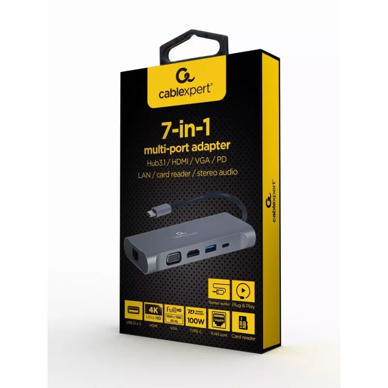 Gembird A-CM-COMBO7-01 Notebook-Dock/Port-Replikator USB 3.2 Gen 1 (3.1 Gen 1) Typ-A Grau
