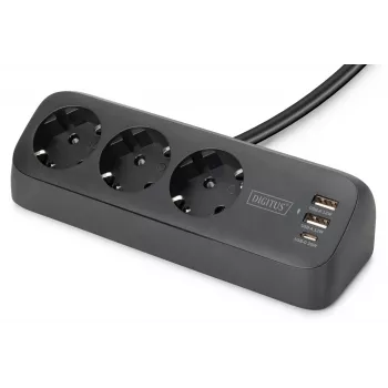 Mehrfachsteckdose DIGITUS 3-fach mit 2×USB-A & 1×USB-C, 3 AC-Steckdosen Typ E/F, 1,5 m Kabel, schwarz