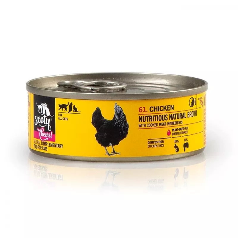 Nassfutter für Katzen 3coty Chicken Cheers 75 g — Alleinfuttermittel für ausgewachsene Katzen, Einzelportion, 12 % Protein, 7,5 % Fett, 80 % Feuchtigkeit