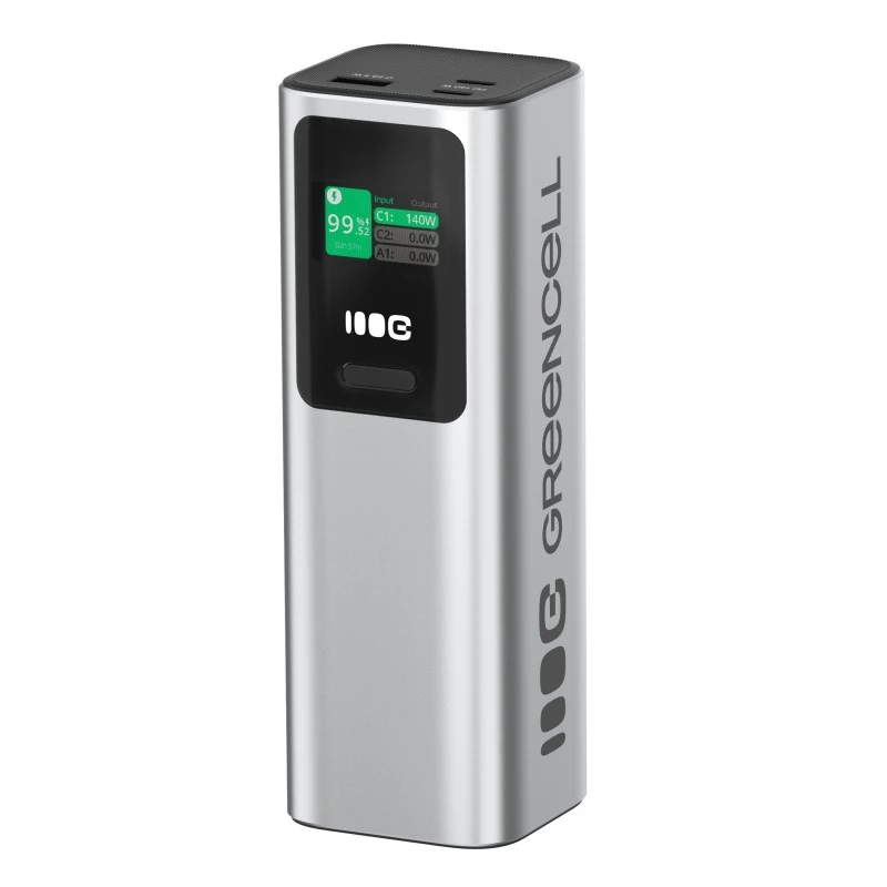 Tragbare Batterie Green Cell PBGC25UD, 25200 mAh, Li‑Ion, 140 W Gesamtleistung, 2× USB‑C + 1× USB‑A, OLED-Display, Aluminiumgehäuse