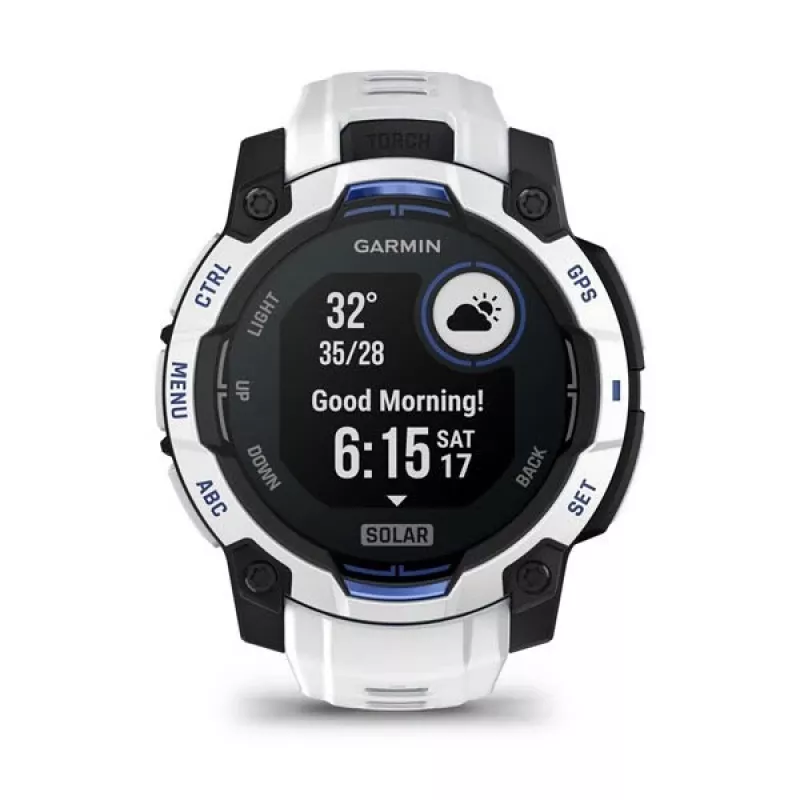 Smartwatch GARMIN Instinct 2 45 mm, MIP 0,9 Zoll (176×176), GPS, Solar, Silikonarmband Blau/Weiß