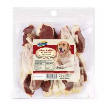 Hundekauartikel Hilton Kaninchenohr mit Ente — natürlicher Kausnack mit Entengeschmack, 500 g Packung