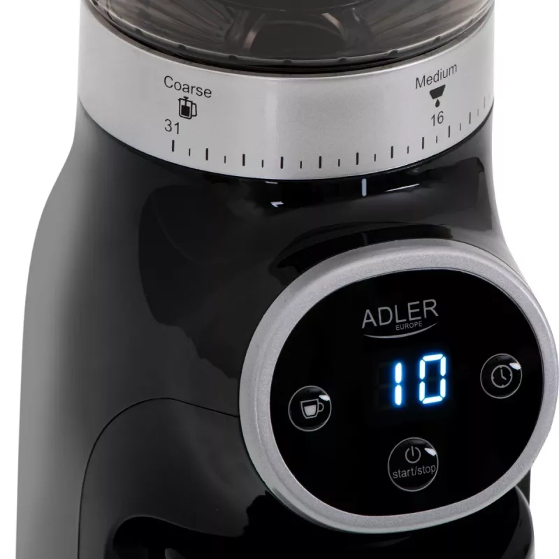Professionelle Kaffeemühle, Stahlmahlwerk, 31 Mahlgradeinstellungen, Café 90g/m, Adler, AD4450, 300, Schwarz