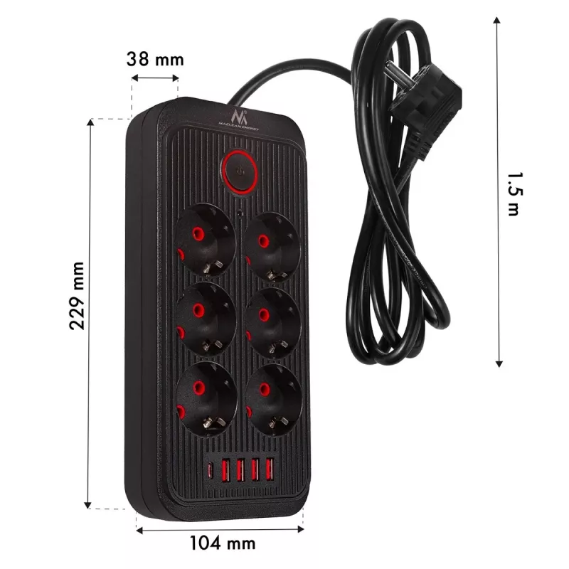 Steckdosenleiste MACLEAN MCE389 B — 6 Steckdosen, 4×USB-A + 1×USB-C, 110–240V, 2,1A, 2500W, 1,5 m Kabel, schwarz