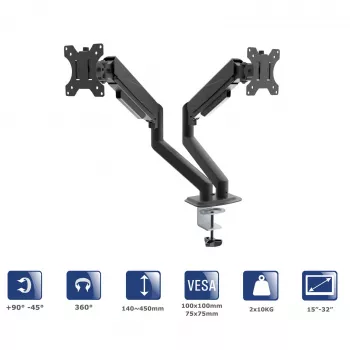 Akyga AK-MB-06 Dual-Monitor-Tischhalterung mit Gasdruckfedern, 15-32 Zoll, 2x 10 kg, VESA 75x75 / 100x100, schwarz