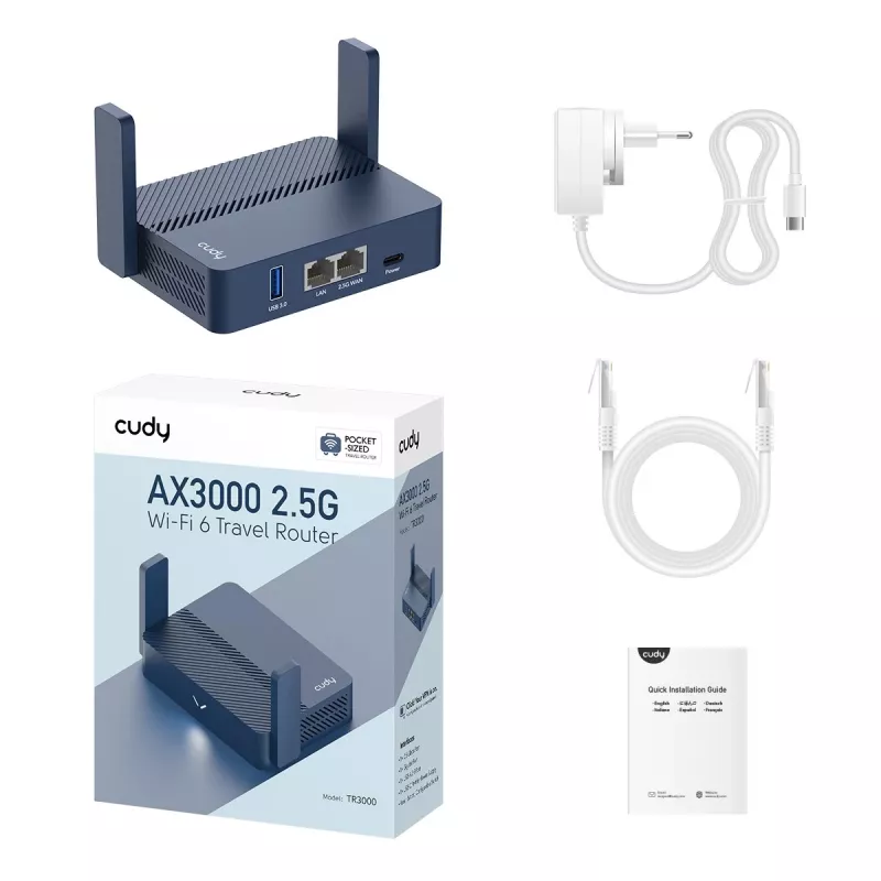 Tragbarer Router Cudy TR3000 AX3000 Wi‑Fi 6, Gigabit Ethernet WAN/LAN, USB-A, externe Antennen, blau