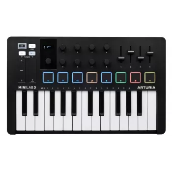 MIDI-Controller ARTURIA MiniLab 3 — 25-tastige kompakte USB-MIDI-Tastatur mit MIDI-Ausgang, mehrfarbig hinterleuchteten Pads