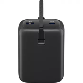 Powerbank 20.000 mAh, integriertes USB-C-Kabel 13 cm, 30 Watt (schwarz, 20 Ah, 1x USB-A, 2x USB-C, PD, QC)