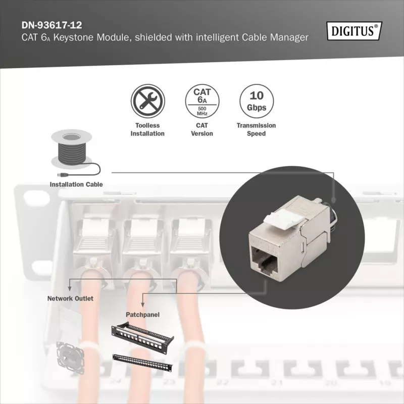 Keystone-Modul DIGITUS CAT 6A geschirmt mit intelligentem Kabelmanager, flach RJ-45, 14,5×34,5×21 mm – 12 Stk.