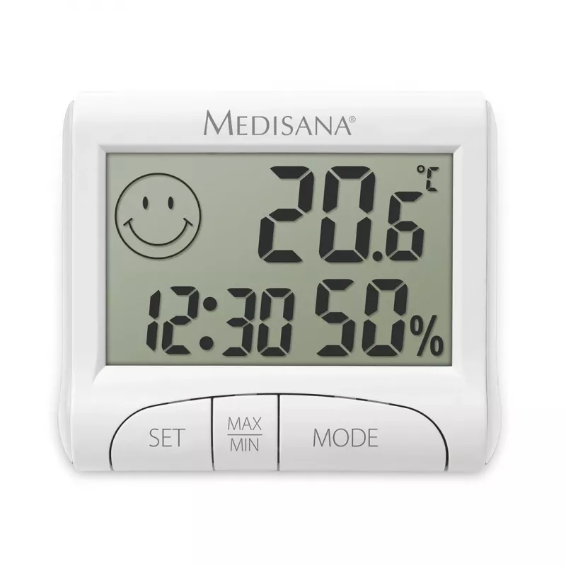 Elektronisches Innen-Hygrometer Medisana HG 100 — Digitales Thermometer, Luftfeuchte 20–90 %, Temp -10–50 °C, Tischdisplay, Batterie AAA