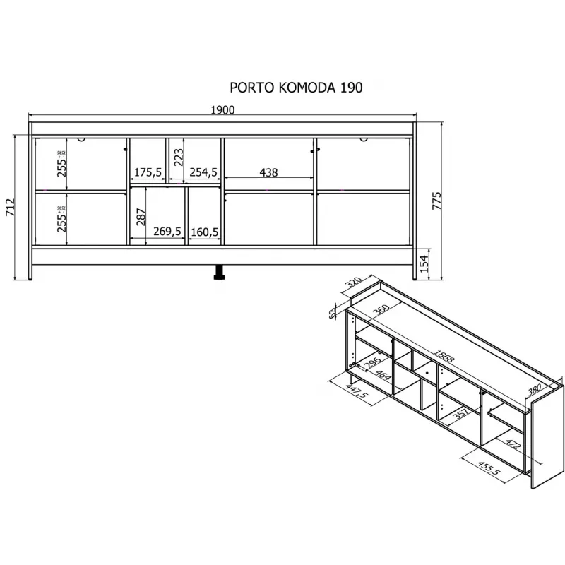 Cama PORTO 3D Kommode 190x38x77 Eiche/schwarz