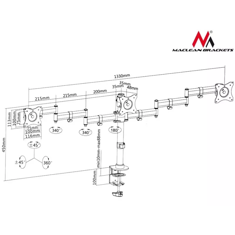 Monitor-Tischhalterung MACLEAN MC-691 für 3 Monitore – höhenverstellbar und neigbar