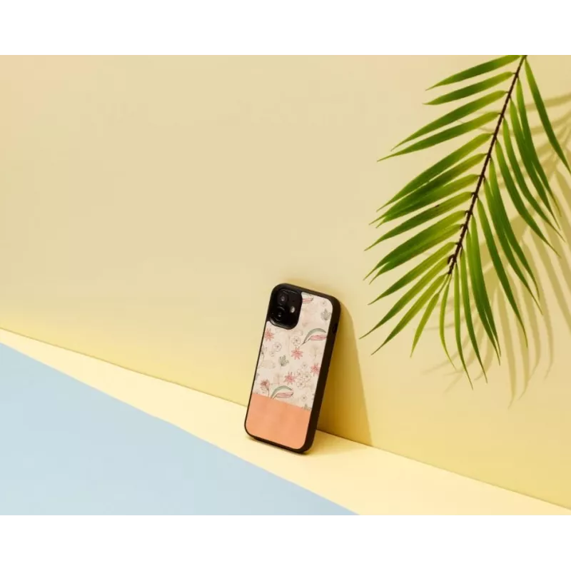 Schutzhülle Man and Wood für iPhone 12 mini — pinke Blume auf schwarz