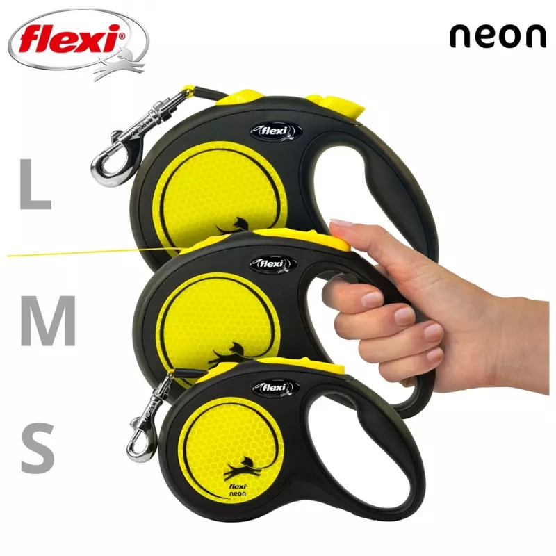 Flexi New NEON Roll-Leine 5 m – Bandleine, für kleine Hunde bis 15 kg, schwarz/gelb
