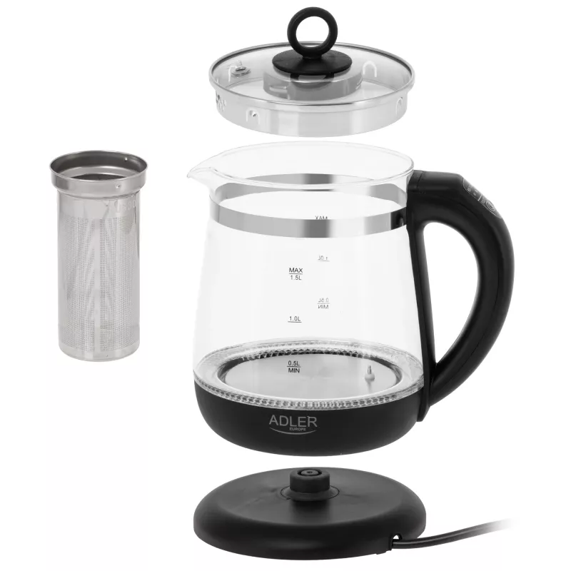 Adler Wasserkocher | AD 1299 | Elektrisch | 2200 W | 1,5 L | Glas | 360°-Drehsockel | Schwarz