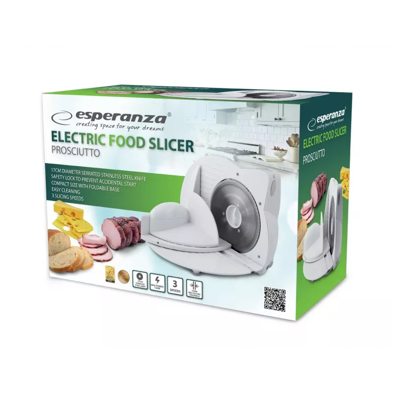 Elektrische Allesschneider ESPERANZA EKM017W — 150 W, 17 cm Edelstahlmesser, maximale Schnittstärke 15 mm, Edelstahlfarbe, Kunststoffgehäuse