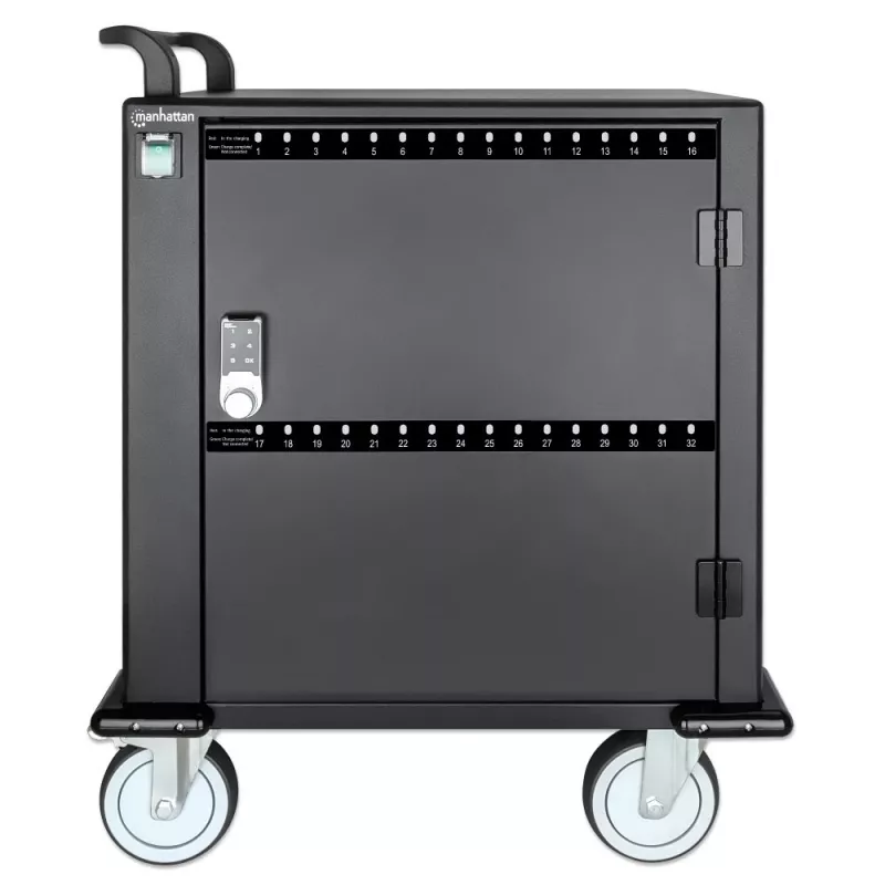Manhattan iPad bis 13 Zoll, MacBook Air bis 13 Zoll & Chromebook bis 14 Zoll 32-Fach Lade-Wagen/Trolley über USB-C, Auch andere Tablets/Smartphones (mit Gerät-zu-USB-C-Kabel), Fächer 330x22x235 mm, Geräteladekabel nicht enthalten (empfohlen USB-C-Kabel 35