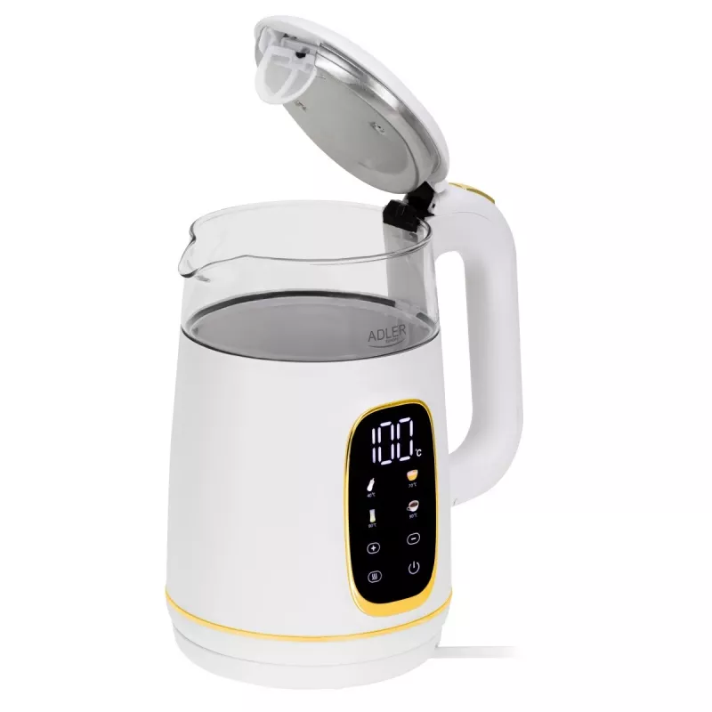 Wasserkocher Adler AD 1305WG — 1,7 l, 2200 W, Glas/Kunststoff, Weiß/Gold/Transparent