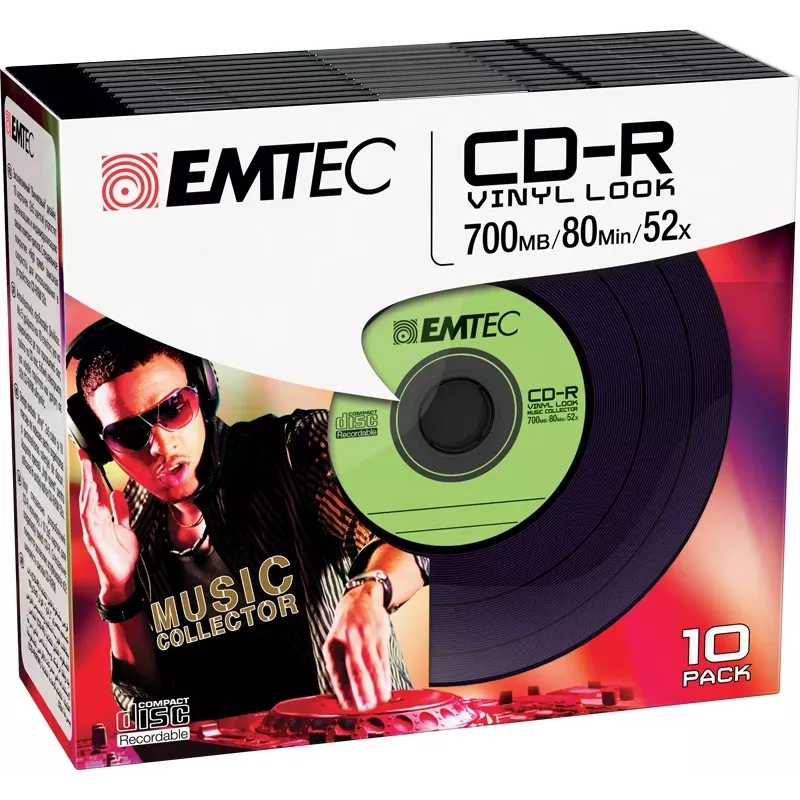 EMTEC Vinyl Look - 10 x CD-R - 700 MB (80 Min) 52x - Blau, Gelb, Flieder, Grün, Pink - Slim Jewel Case