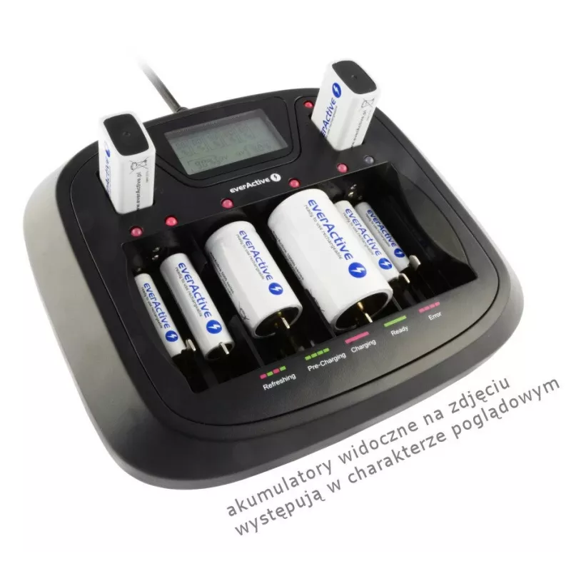 Batterieladegerät everActive NC-900U Universal DC — lädt AA, AAA, C, D, 9V, bis zu 6 Zellen, schwarz