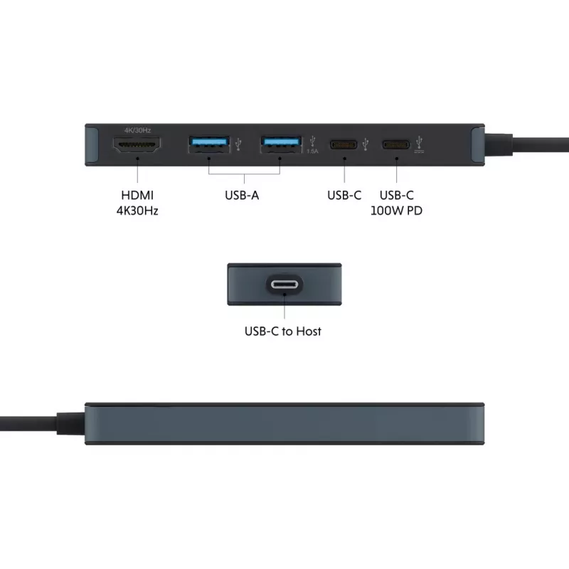 USB-C-Hub HYPER HD4101BKGL – 5-Port (USB-C, USB 3.2 Gen1 Typ-A, HDMI 4K), 5000 Mbit/s, Schwarz