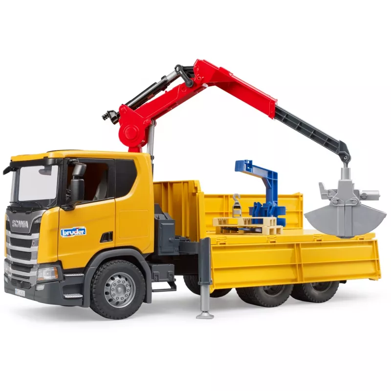Spielzeug-Baulastwagen BRUDER Scania Super 560R mit Kran und 2 Paletten