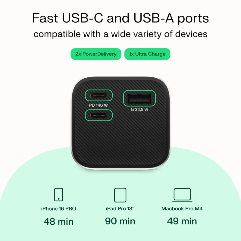 Tragbare Batterie Green Cell PBGC25UD, 25200 mAh, Li‑Ion, 140 W Gesamtleistung, 2× USB‑C + 1× USB‑A, OLED-Display, Aluminiumgehäuse