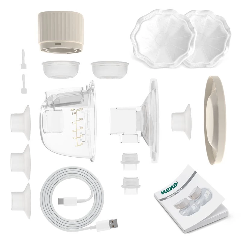 Elektrische Milchpumpe neno VENTO TWIN kabellos, wiederaufladbar, Doppel-/Dualmodus, LCD, 150-ml-Flaschen, beige