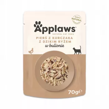 Nassfutter für Katzen Applaws Hühnerbrust mit Wildreis in Brühe 70 g Beutel, ausgewachsene Katzen, 16% Protein, 80% Feuchtigkeit