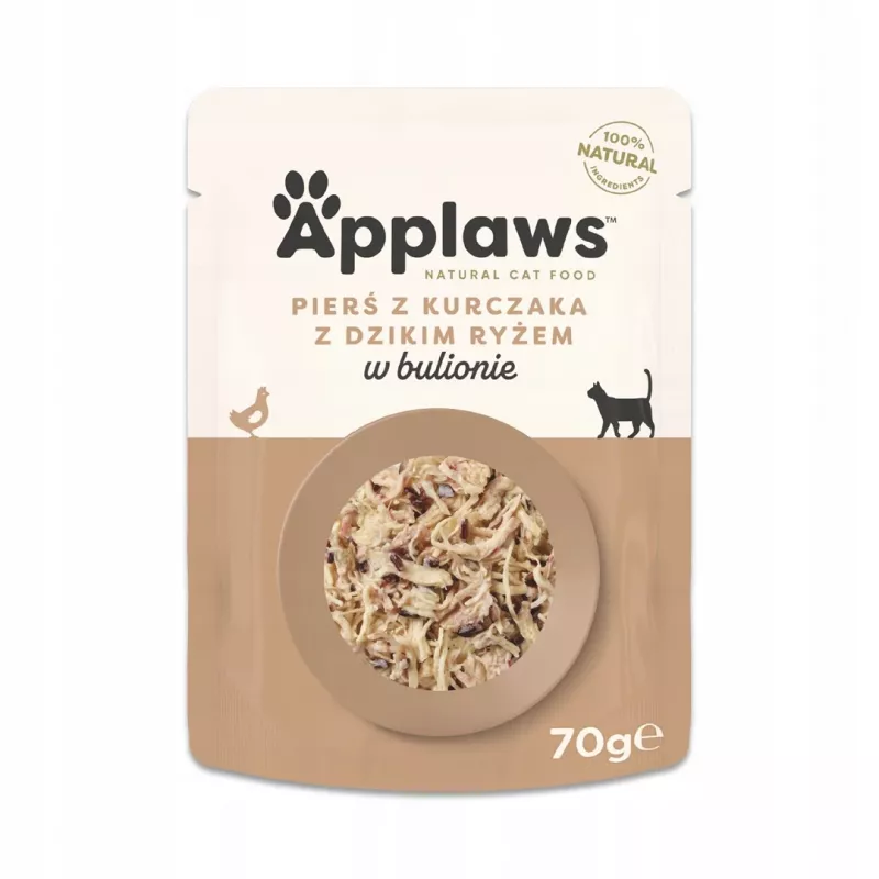 Nassfutter für Katzen Applaws Hühnerbrust mit Wildreis in Brühe 70 g Beutel, ausgewachsene Katzen, 16% Protein, 80% Feuchtigkeit