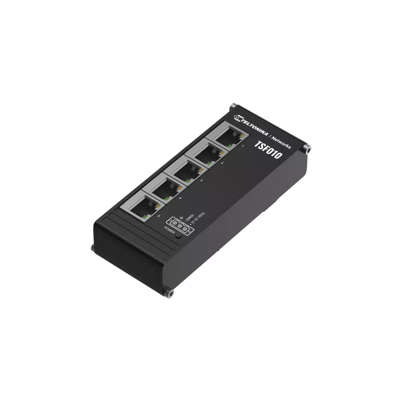 Teltonika NETWORKS TSF010 Flacher Ethernet-Switch, Unmanaged, Fast Ethernet (10/100), DIN-Schiene, Schwarz