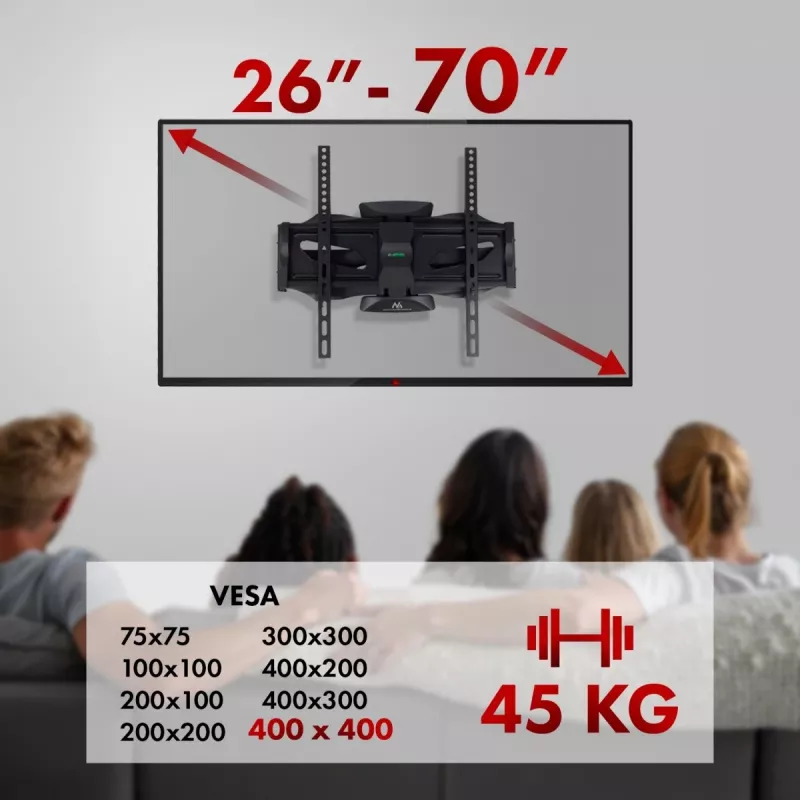 Wand-TV-Halterung MACLEAN MC-781 für Bildschirme von 66–177,8 cm (26–70 Zoll), neigbar -12–2°, VESA 100x100–400x400, max. Belastbarkeit 45 kg, schwarz