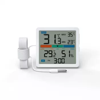 Thermometer‑Hygrometer MANTA MTO002W mit Außensensor (150 cm), innen 0–+50°C, außen -40–+70°C, Luftfeuchtigkeit 20–95% RH, Komfortindikator, Uhr