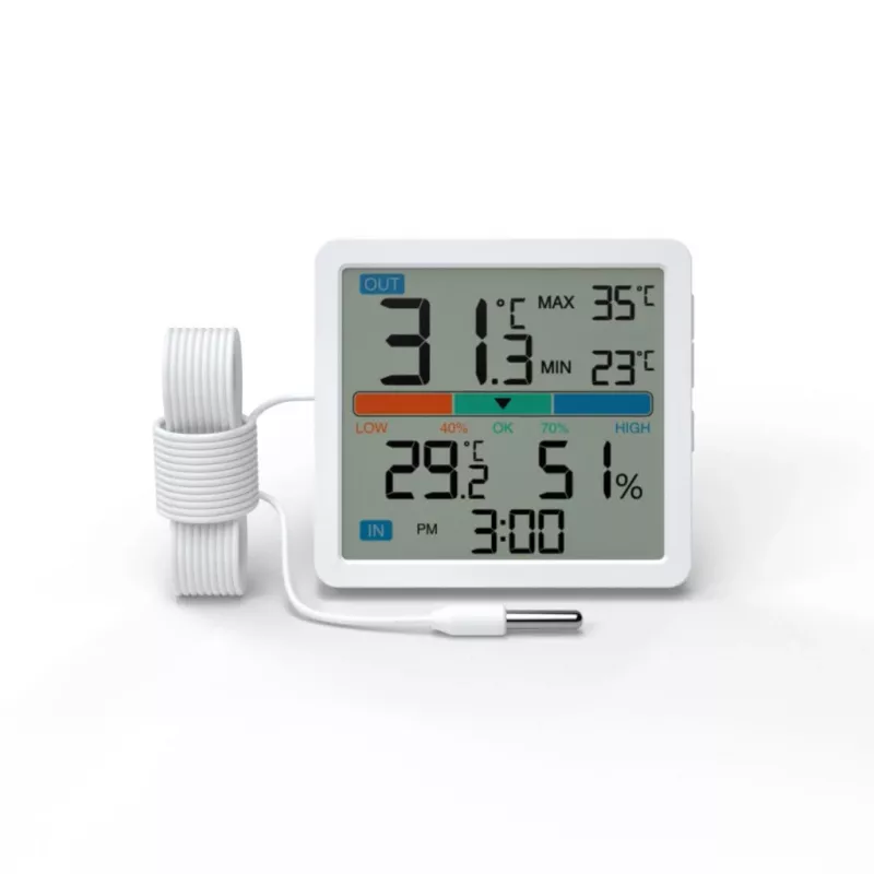 Thermometer‑Hygrometer MANTA MTO002W mit Außensensor (150 cm), innen 0–+50°C, außen -40–+70°C, Luftfeuchtigkeit 20–95% RH, Komfortindikator, Uhr