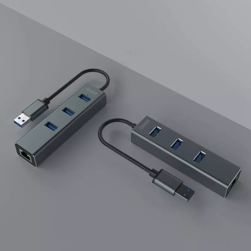 SAVIO USB-A-Hub mit RJ-45 Gigabit Ethernet AK-57 — 3× USB-A + RJ-45, USB 3.2 Gen 1 Micro‑B Host, 5 Gbit/s, 4 Ports, grau